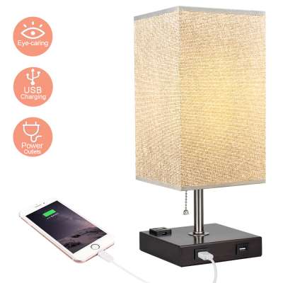 Depuley modern eye protective square fabric lamp room decoration led desk light double usb charging ports table lamp